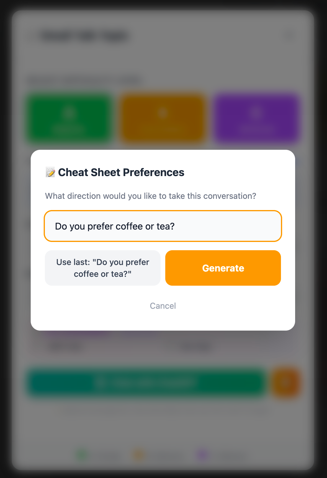 Cheat Sheet 提示視窗，輸入想練習的主題方向後產生小抄