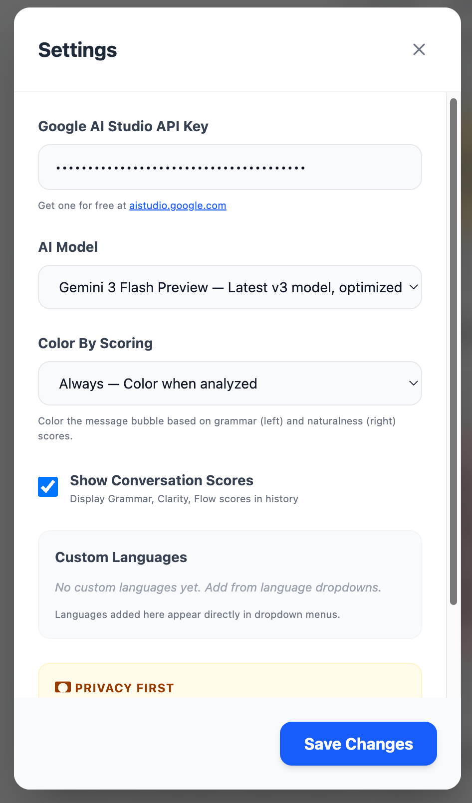 設定視窗,可填入 Google AI Studio 的 Gemini API key 並挑選模型