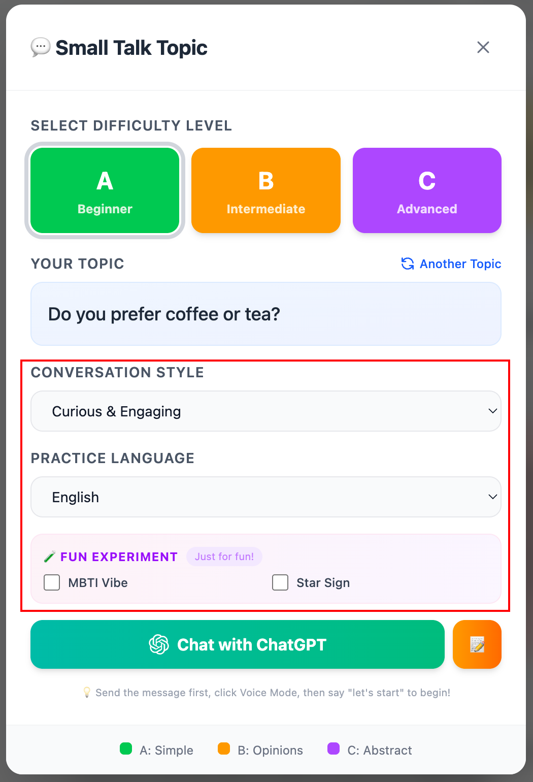 Small Talk Topic 視窗：選難度、骰主題，並有模擬 MBTI、星座的趣味選項