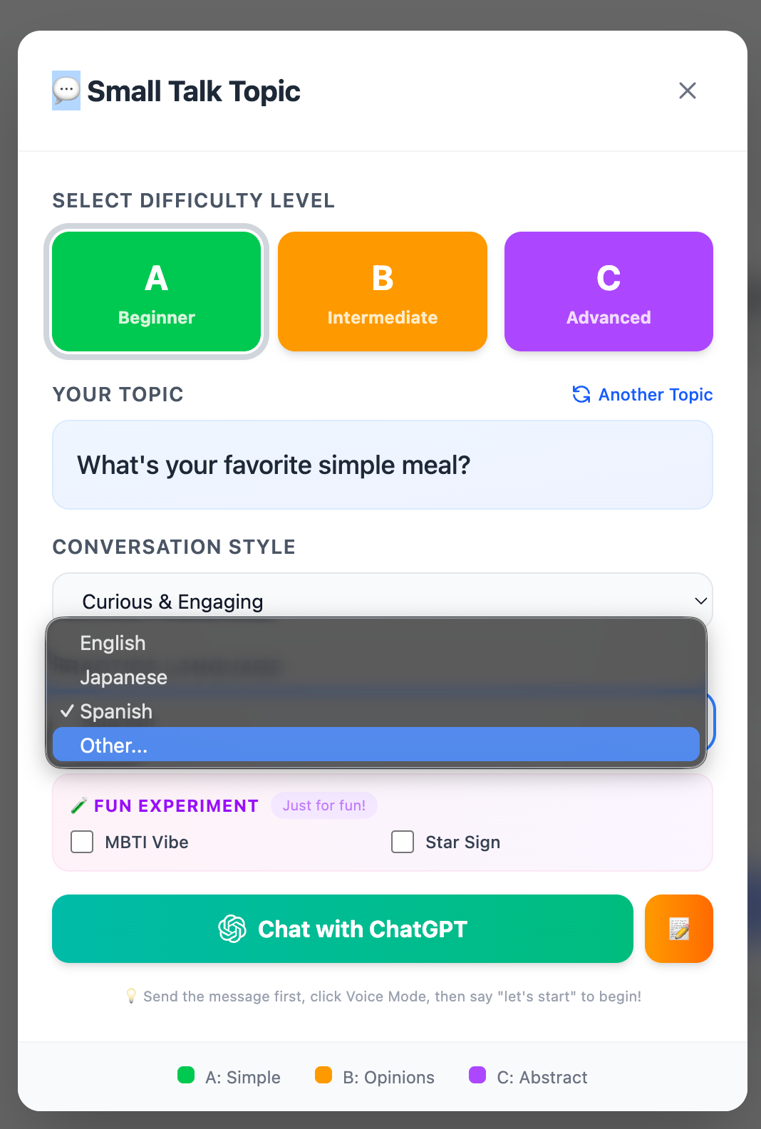Gab Guide 的 Small Talk Topic 視窗,練習語言下拉選單展開,可選英文、日文、西班牙文或自訂