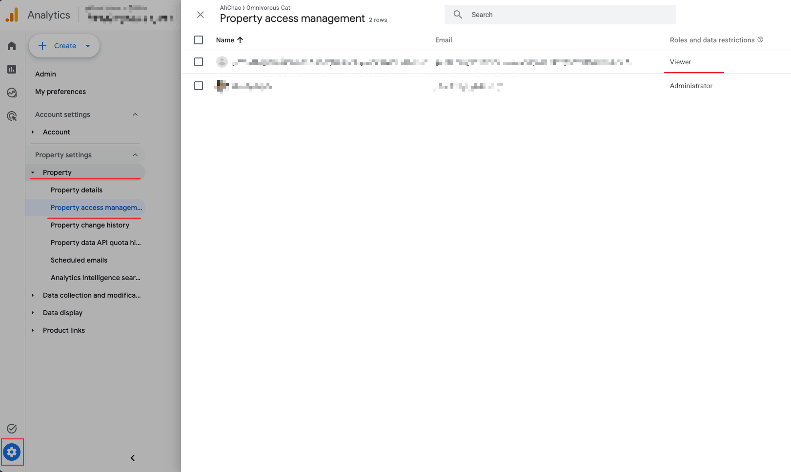GA 後台的 Property access management 頁面，把 service account 的角色設為 Viewer